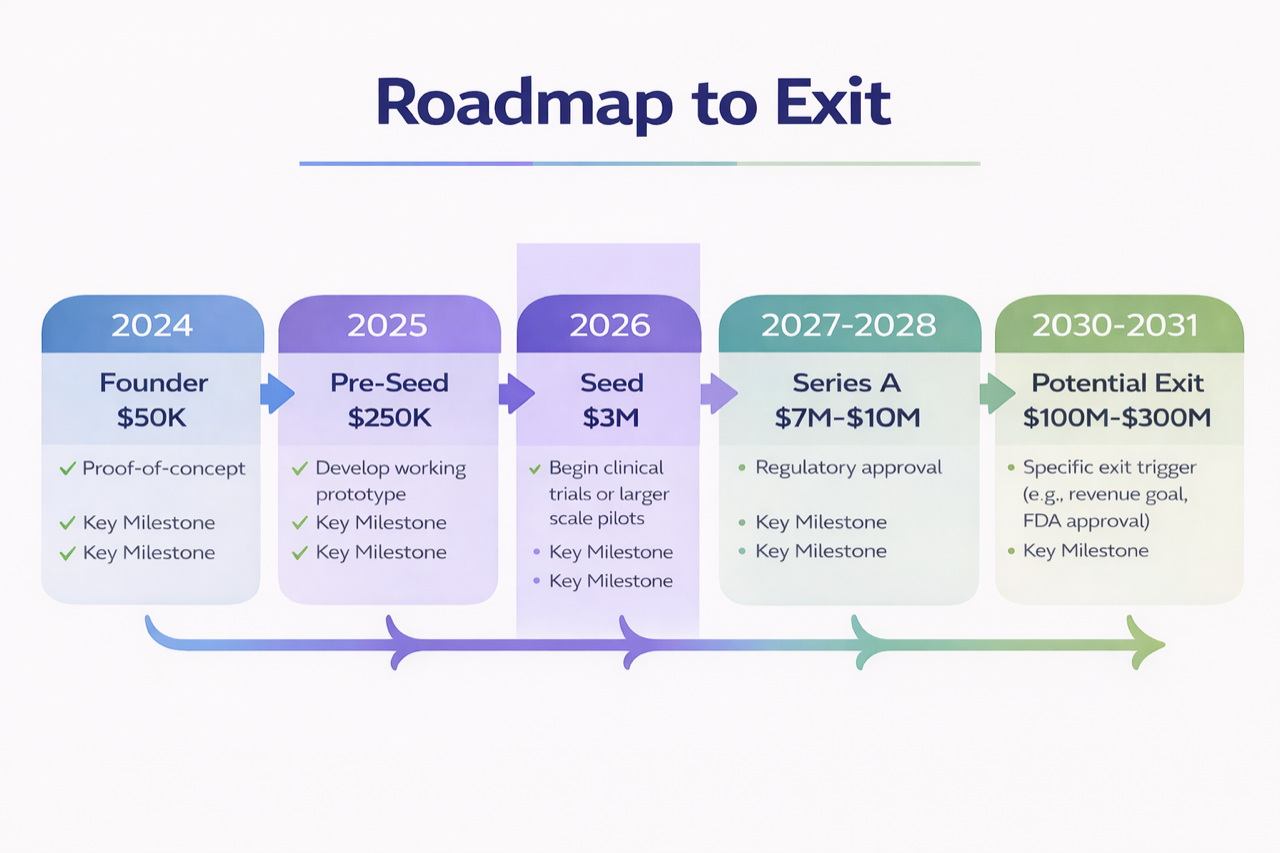 Roadmap to Exit — example showing funding stages from Founder through a potential exit, each stage labeled with year, round, amount raised, and key milestones.